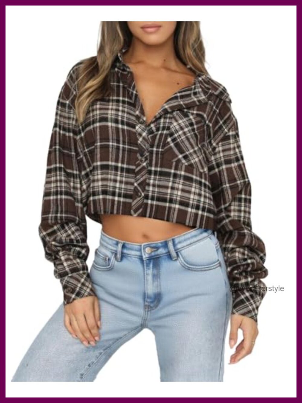 Womens Cropped Flannel Button Down Shirt Plaid Long Sleeve